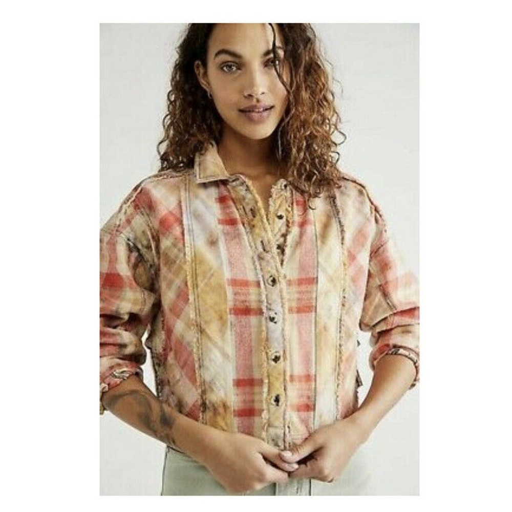 Free People Forever Plaid Shirt Boxy Raw Hem Distressed Button Down Shirt Large - Picture 2 of 11